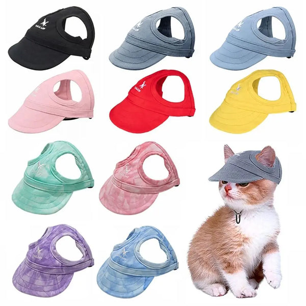 A collection of adjustable pet baseball caps in various colors including black, gray, pink, red, yellow, and purple.