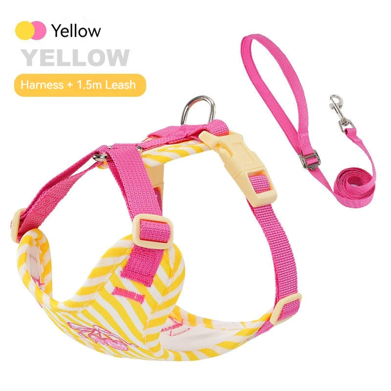 Yellow striped color block dog harness and leash set with pink straps