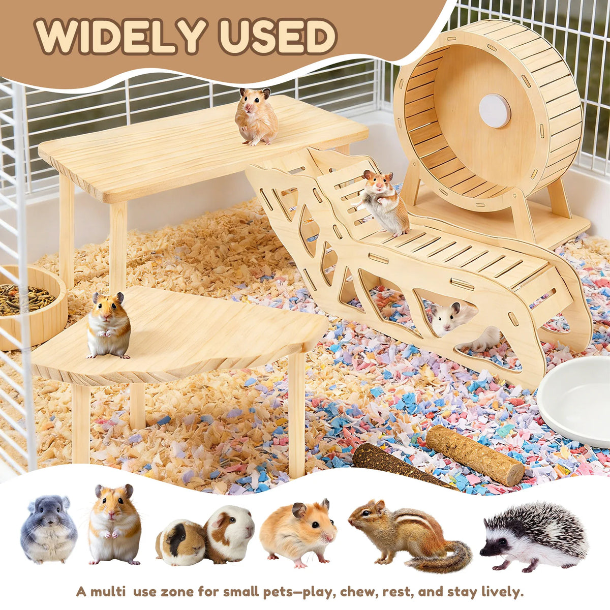 A multi-use wooden set for small pets including a climbing structure, feeding platform, and rest area.