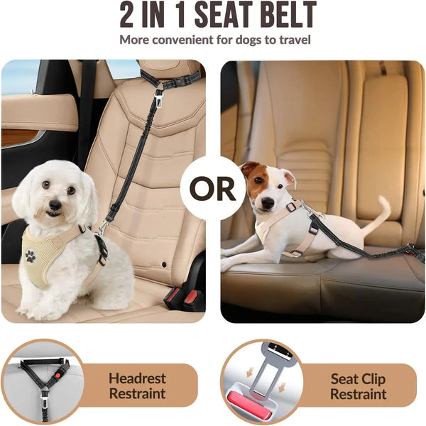 A 2 in 1 seat belt for dogs, showing a harness and a seat clip restraint option.