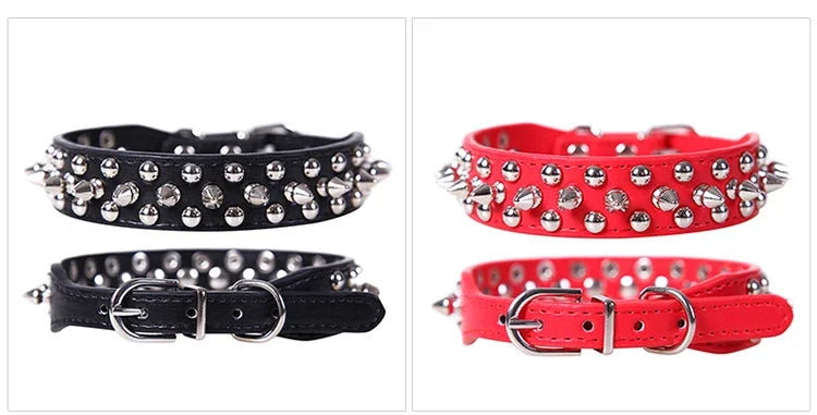 Two adjustable leather spiked dog collars, one black and one red, featuring silver buckles.