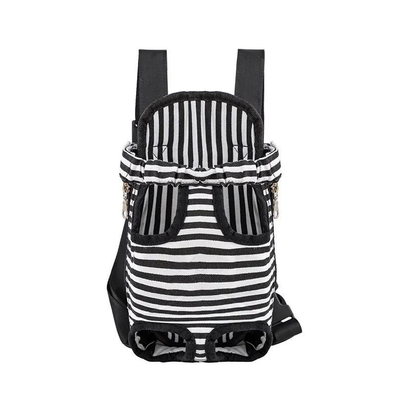 Black and white striped adjustable backpack carrier for cats and dogs