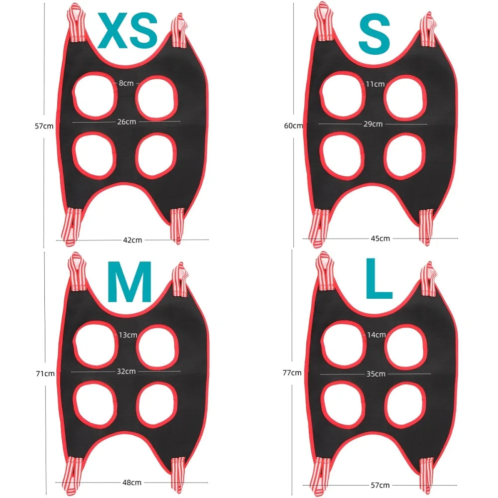 A set of pet nail trimming restraint hammocks for cats in various sizes XS, S, M, and L.