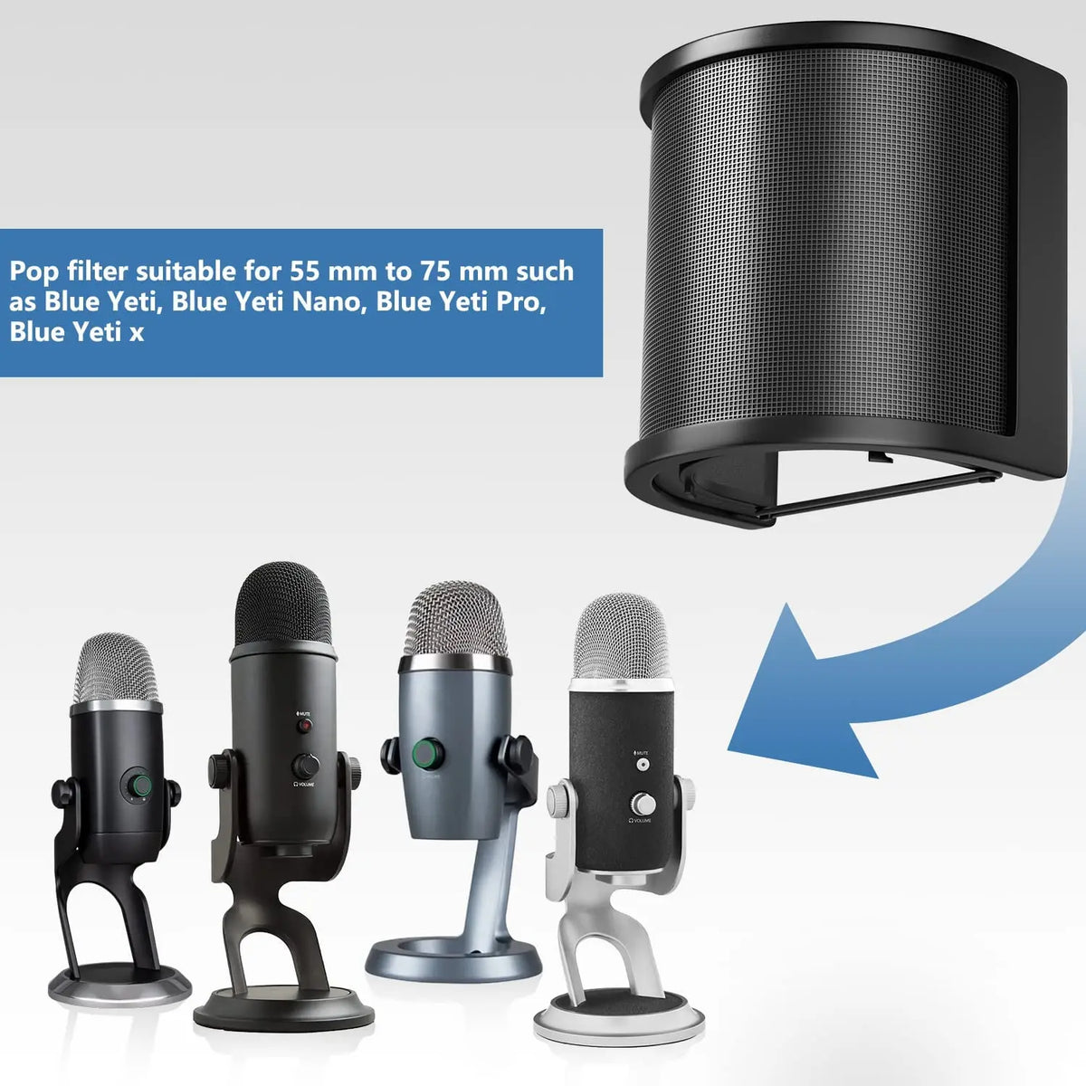 Professioneller Mikrofon-Popfilter und Windschutz mit verschiedenen Größen und Befestigungsmöglichkeiten.