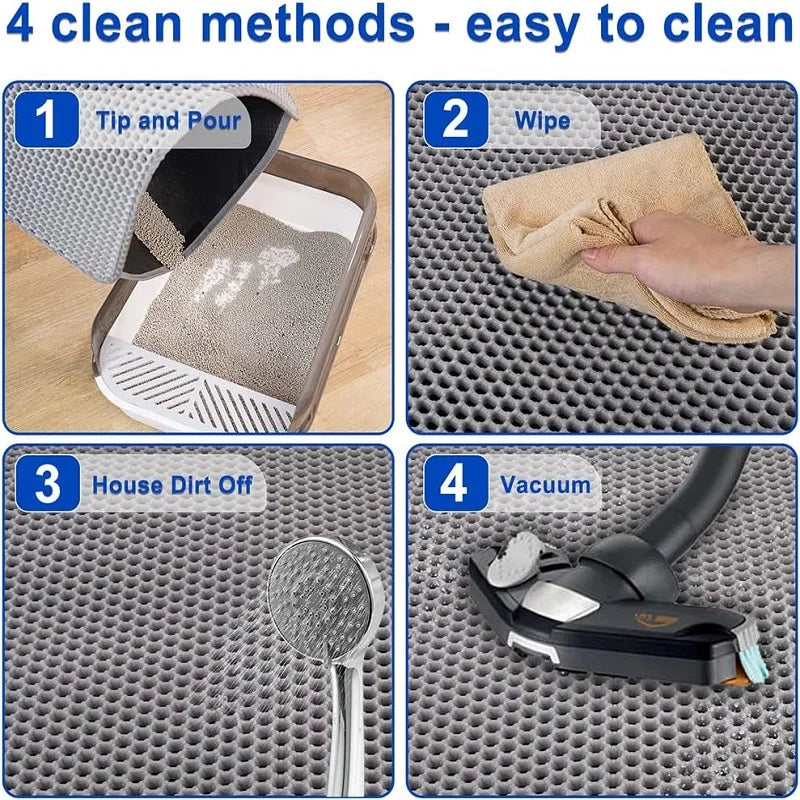 Four cleaning methods for a cat litter mat including tip and pour, wipe, house dirt off, and vacuum.