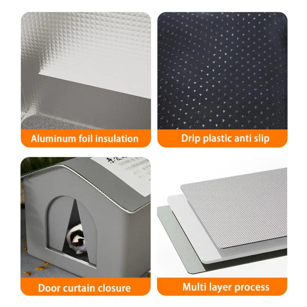 Foldable waterproof insulated cat house featuring aluminum foil insulation, drip plastic anti-slip, door curtain closure, and