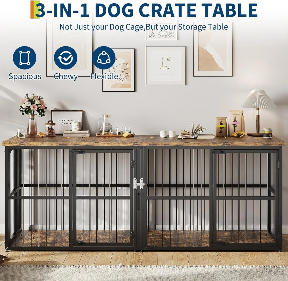 A black dog crate table featuring a spacious, chewy, and flexible design with a glass door.