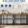 A black dog crate table featuring a spacious, chewy, and flexible design with a glass door.