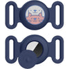 A dark blue silicone holder with a circular opening designed to secure a pet collar.
