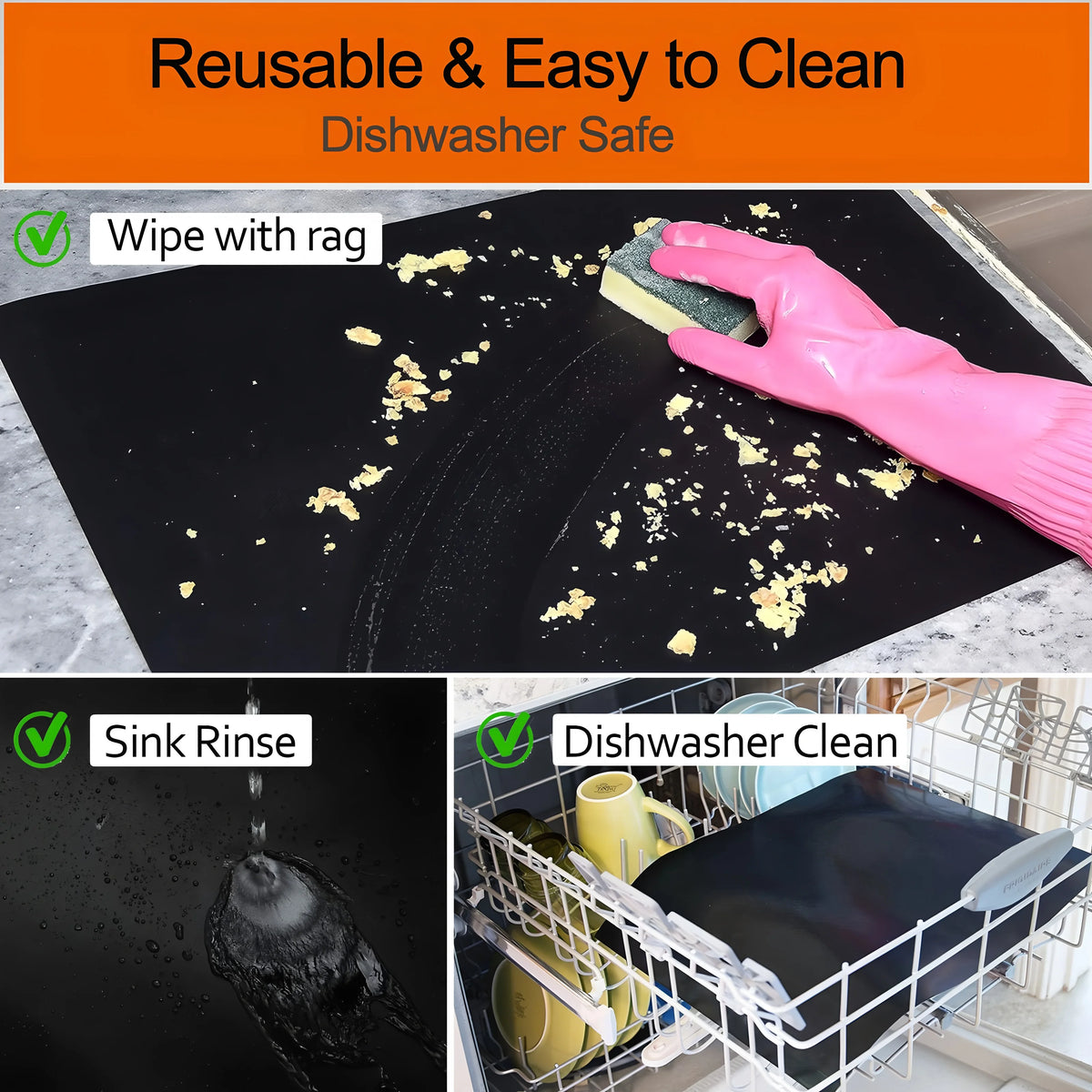 Reusable non-stick oven and grill liners shown being wiped with a rag and rinsed in the sink for dishwasher safe cleaning