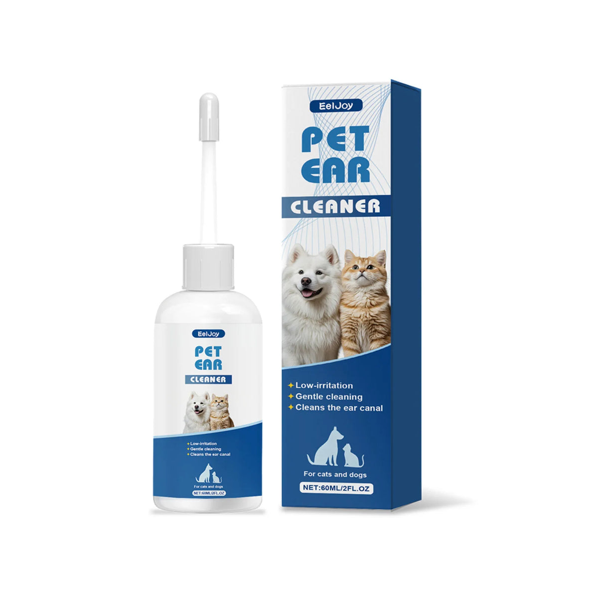 Eine Flasche Pet Ohrreiniger mit weißem Pumpverschluss und einer zugehörigen Box.