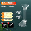 A transparent acrylic small feeder with a cylinder hanging angle and suction cup fixation for fish food dispensing.