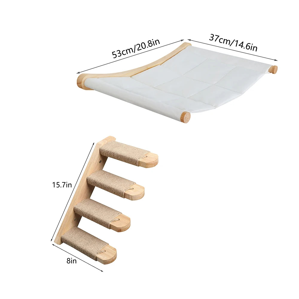 Wall mounted cat hammock and climbing shelf set with measurements 53cm/20.8in and 37cm/14.6in