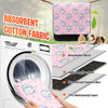 A pink absorbent cotton fabric liner with a white cartoon animal design is shown being placed into a washing machine drum.