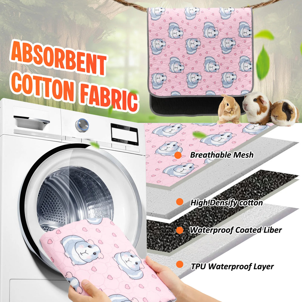 A pink absorbent cotton fabric liner with a white cartoon animal design is shown being placed into a washing machine drum.