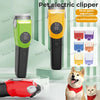 A yellow pet electric clipper with adjustable gears is shown next to a red grooming tool and a dog.