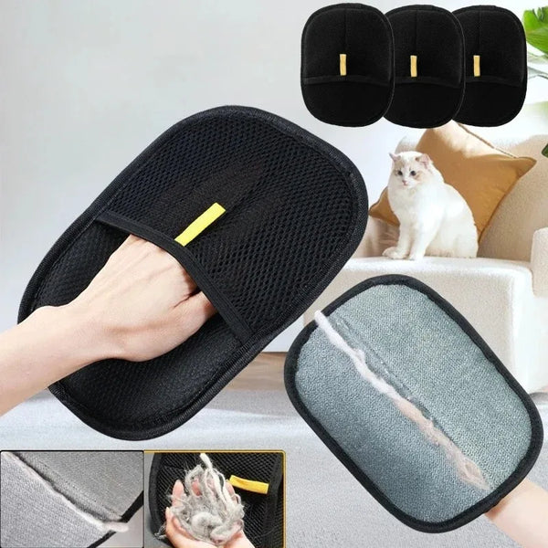 Black double-sided pet grooming gloves with a gray pad and yellow grip for cats and dogs