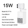 White submersible aquarium filter pump with 15W power, model SC-FT15, and a long power cord.
