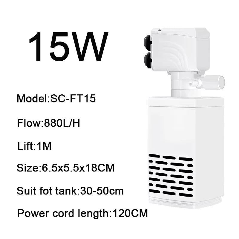 White submersible aquarium filter pump with 15W power, model SC-FT15, and a long power cord.