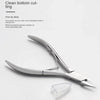 A pair of silver precision stainless steel cuticle nippers is shown with a clear plastic tip.