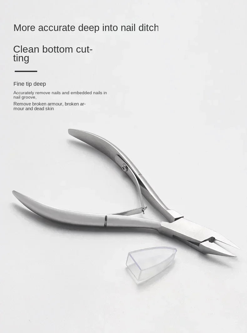 A pair of silver precision stainless steel cuticle nippers is shown with a clear plastic tip.