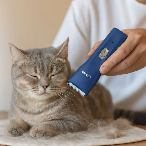 A hand holds a blue portable pet electric hair clipper with a white comb, next to a sleeping tabby cat.