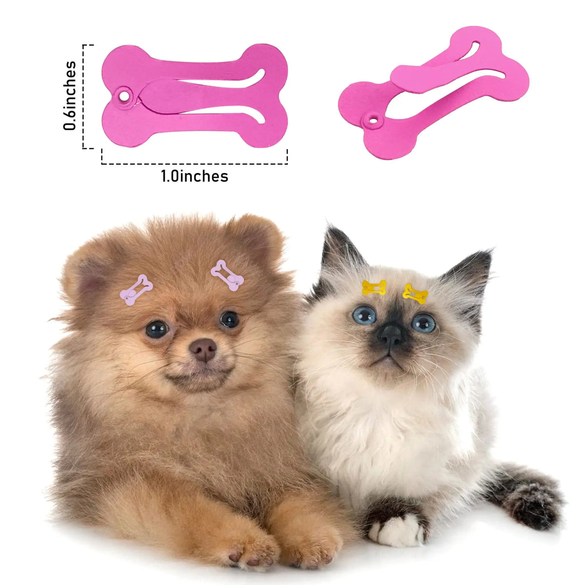 Zwei flauschige Kätzchen neben rosa Hundehaarspangen für das Tierpflegegrooming.