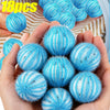A hand holds a pile of 18 reusable blue and white lint catchers for laundry.