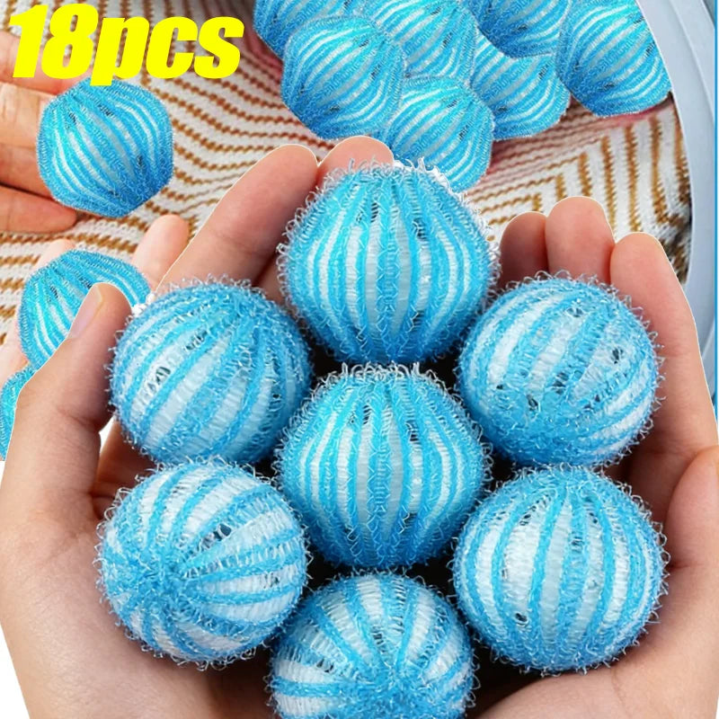 A hand holds a pile of 18 reusable blue and white lint catchers for laundry.