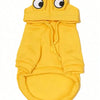 A yellow frog-shaped pet sweater for dogs with large eyes and a hood.