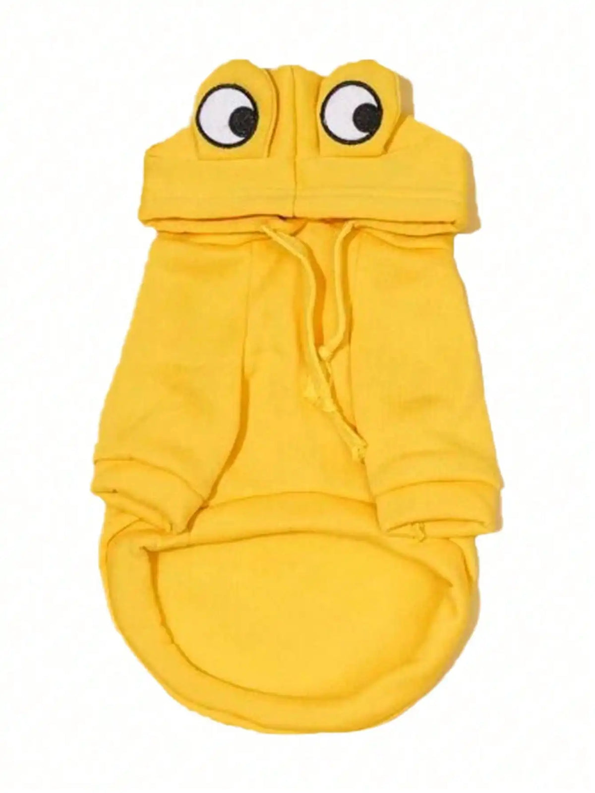 A yellow frog-shaped pet sweater for dogs with large eyes and a hood.