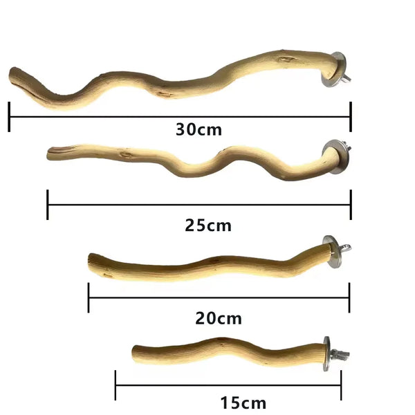 A series of natural wooden perches and branches of varying lengths, curved for bird toys.