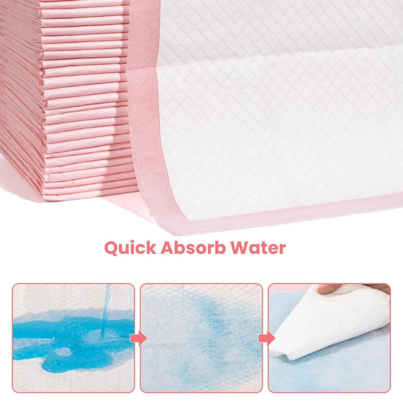 Pink super absorbent dog pee pads demonstrating quick water absorption and leak-proof protection.