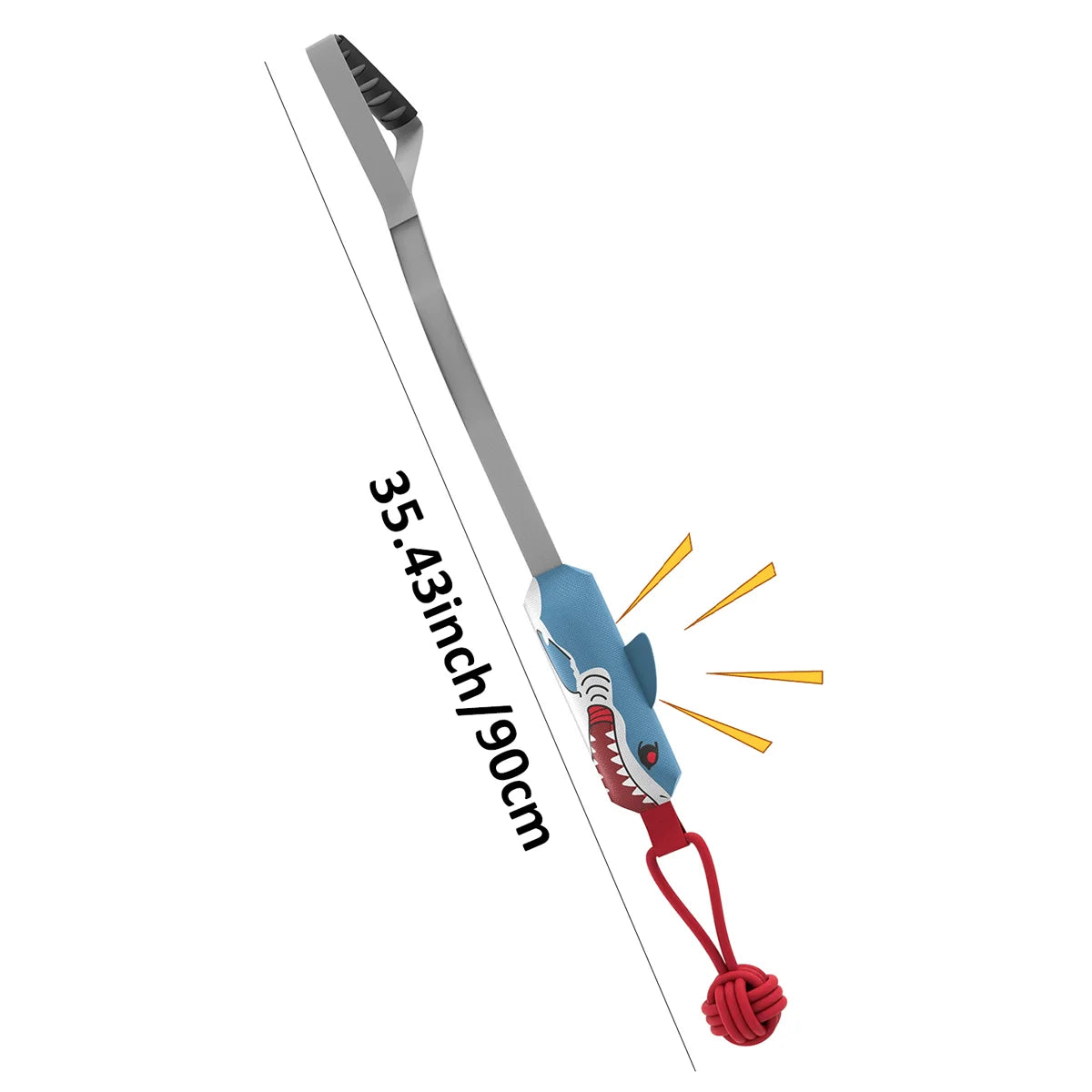 A gray interactive tug of war rope toy with a handle and red cord for dogs.