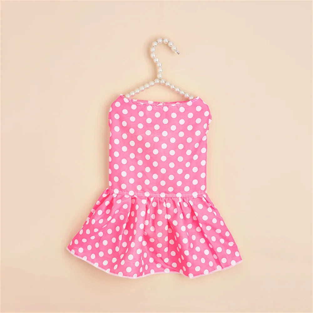 Pink polka dot dog dress for small breeds with a lightweight summer skirt