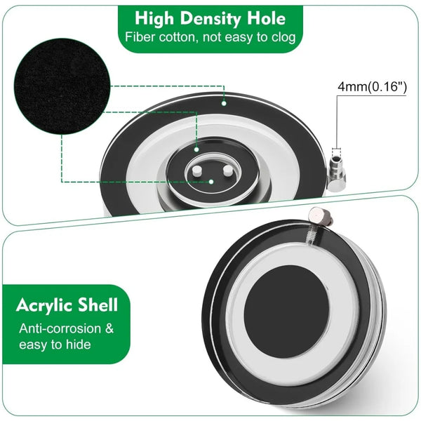 A close-up view of an acrylic fish tank air stone with a high-density fiber cotton hole for oxygen diffusion.