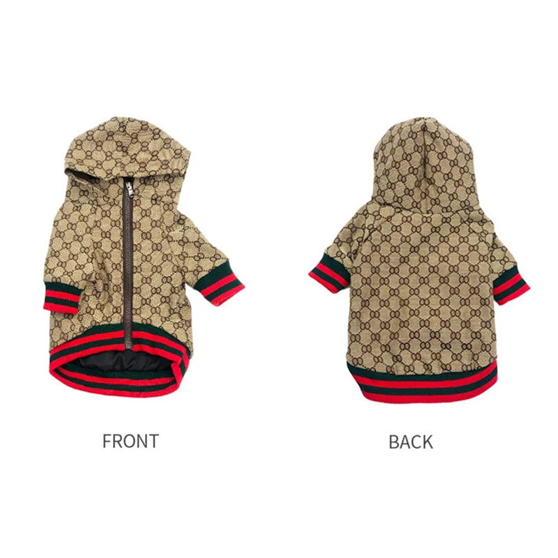 Front and back views of a beige seasonal pattern dog and cat outerwear jacket with black trim