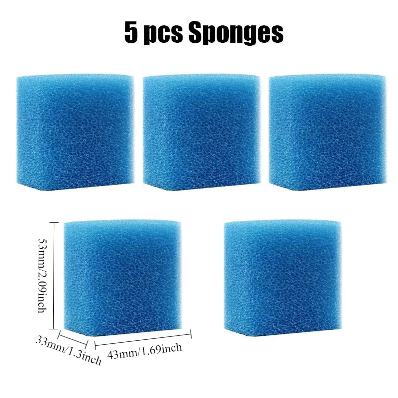 Five blue sponges for aquarium filtration and oxygenation
