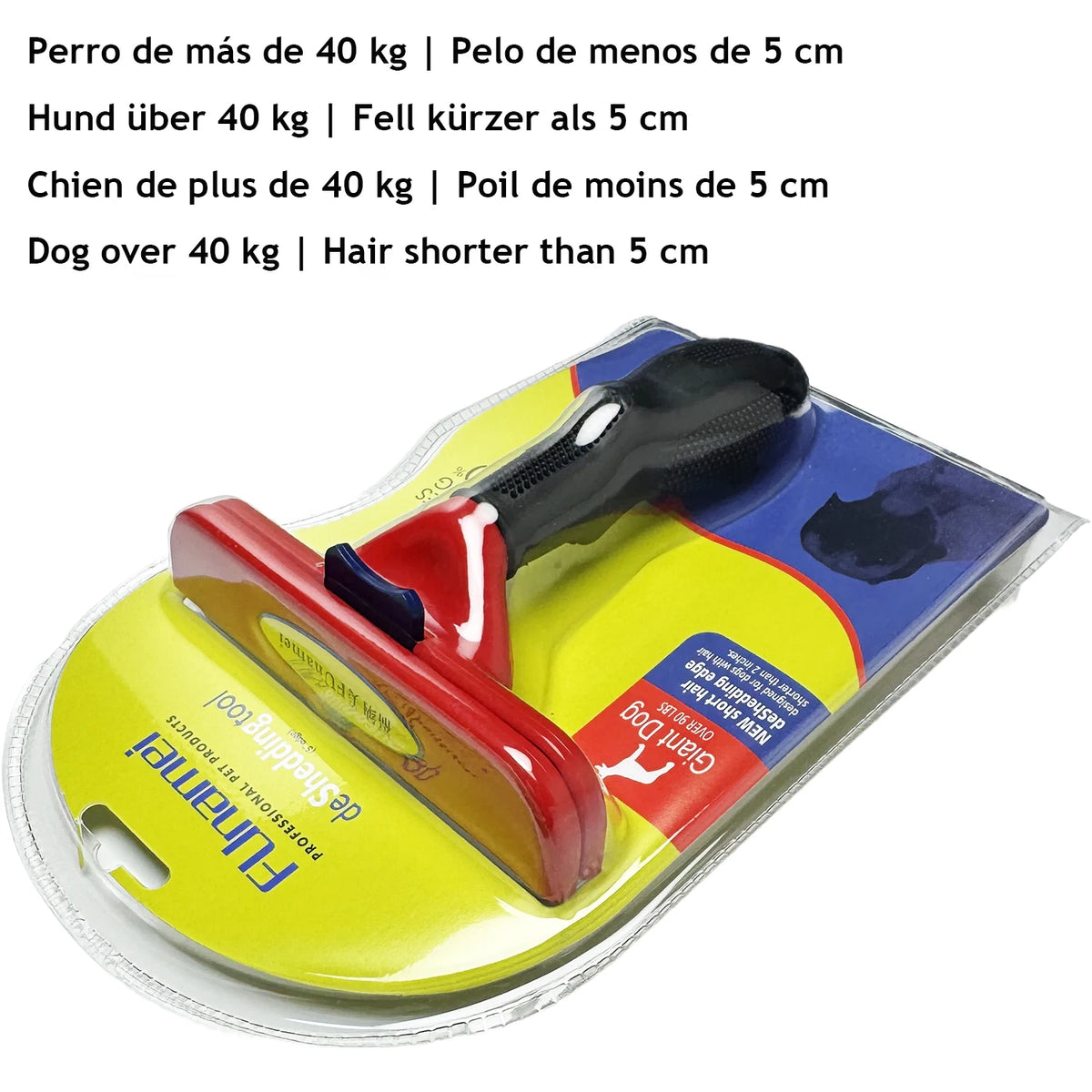 A yellow pet deshedding brush with a black handle and red bristles is shown on a clear plastic background.