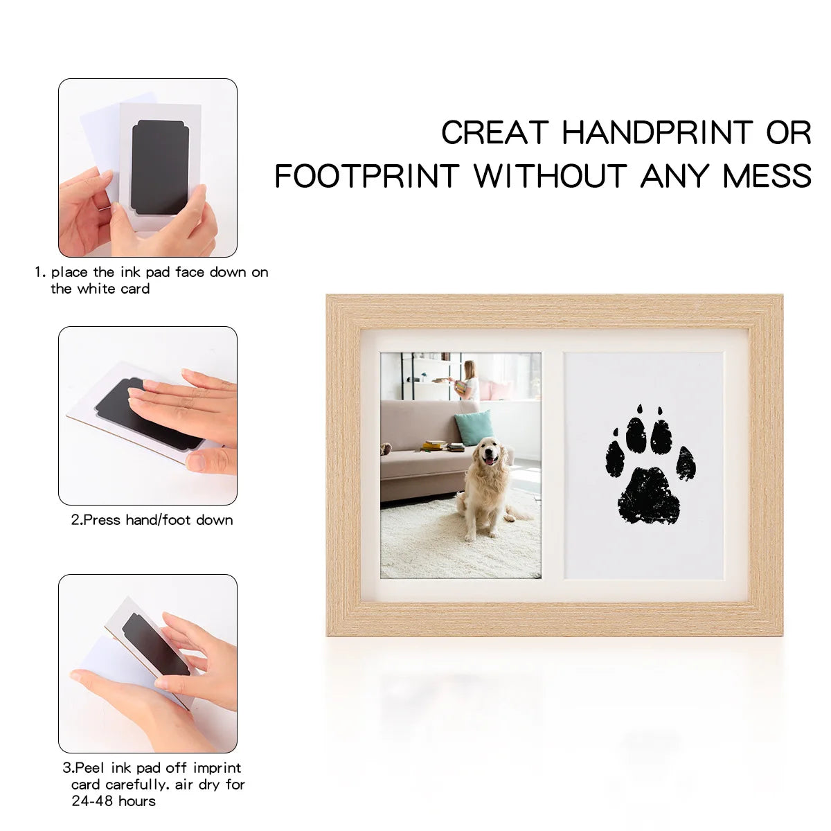 A set of instructions showing how to create a handprint or footprint using an ink pad on a white card and frame it.