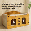 A wooden cat nest and scratching post designed for multiple cats, featuring arched entryways.