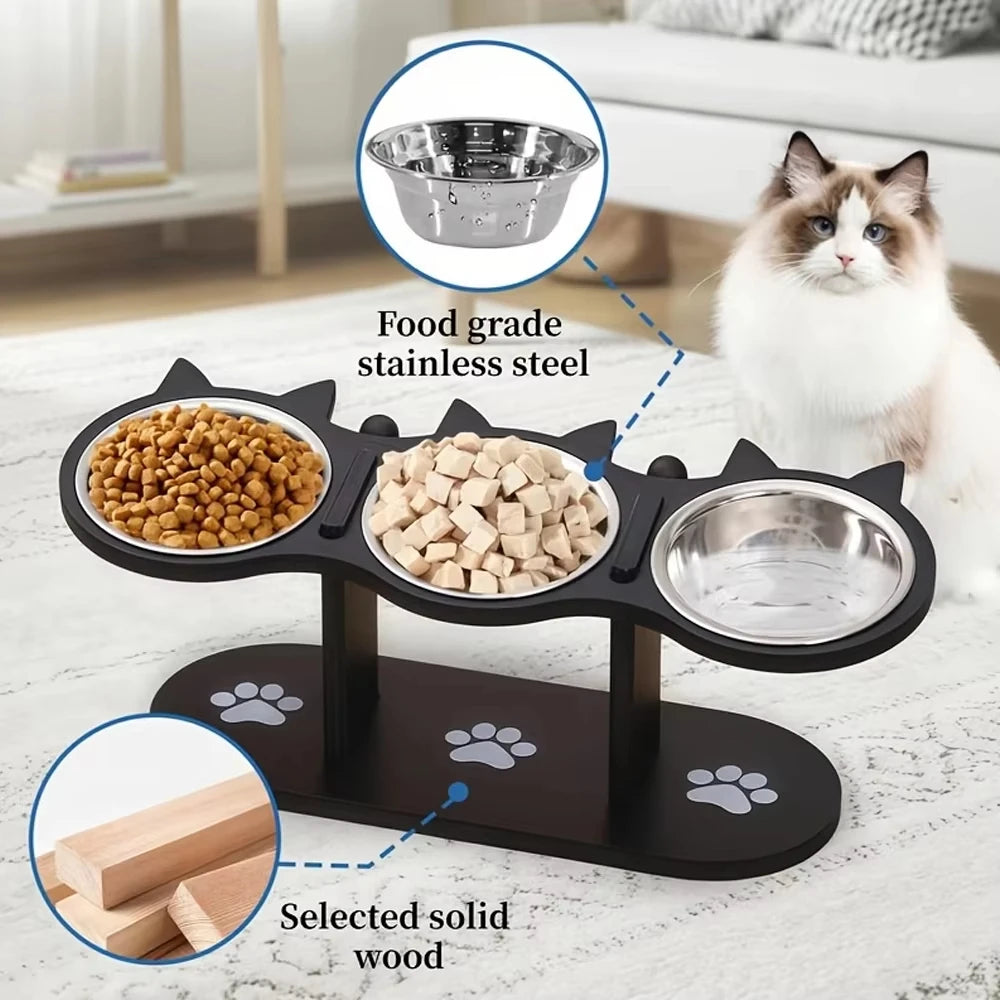 Schwarzes Katzenfutterset aus Edelstahl und massivem Holz mit Schalen und Silikonmatte