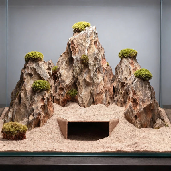 A 3D printed cave hideout for reptiles and pets featuring rock formations and green moss-like plants.