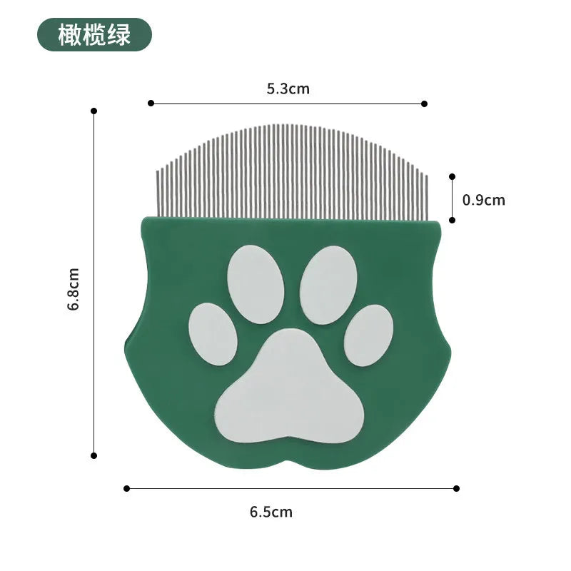 A green mini pet grooming comb with a paw-shaped holder and a bristled section.