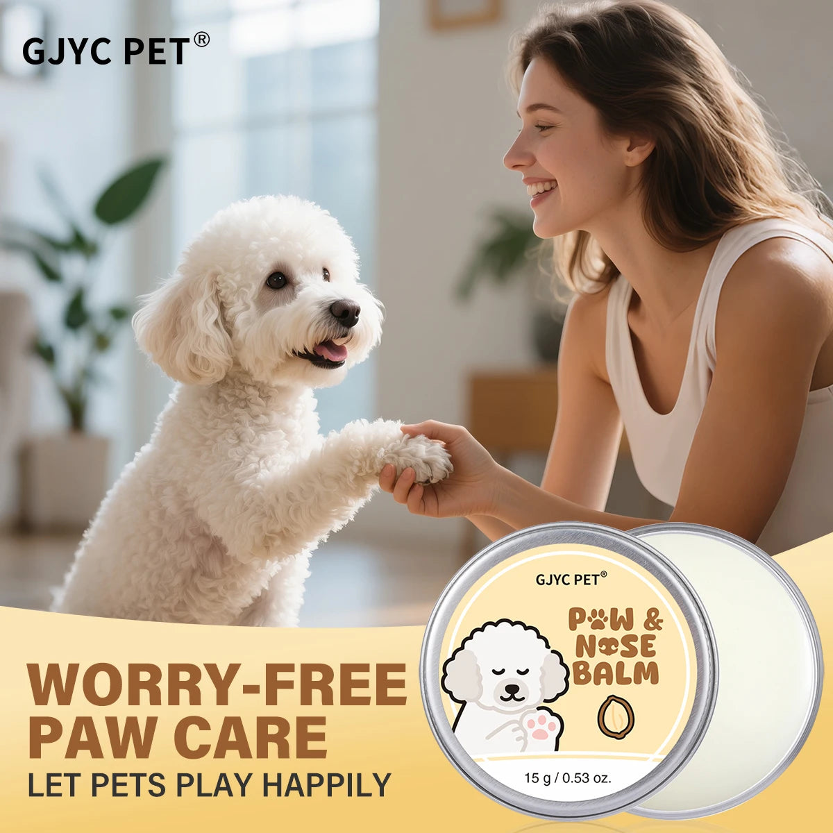 A woman is applying Shea Butter Pet Paw Balm to a white poodle puppy's paw.
