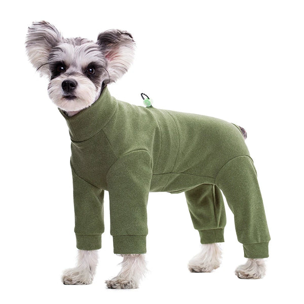 A small dog wearing a olive green thermal fleece jumpsuit coat.