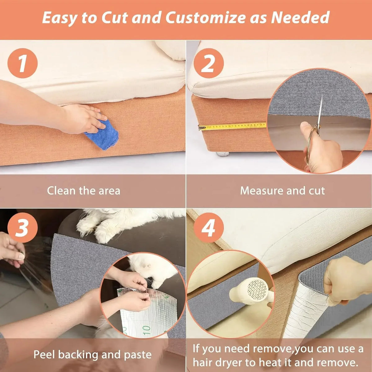 Instructions show how to clean, measure, cut, and remove a self-adhesive cat scratching mat from furniture.