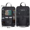 Black car backseat organizer featuring a tablet holder and multiple storage pockets for drinks and items.