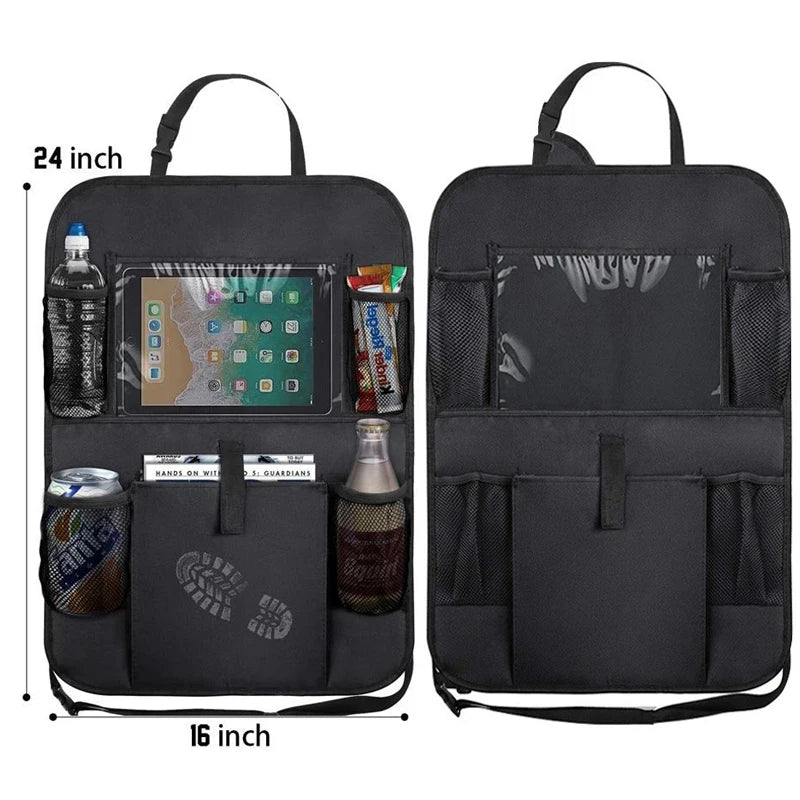 Black car backseat organizer featuring a tablet holder and multiple storage pockets for drinks and items.