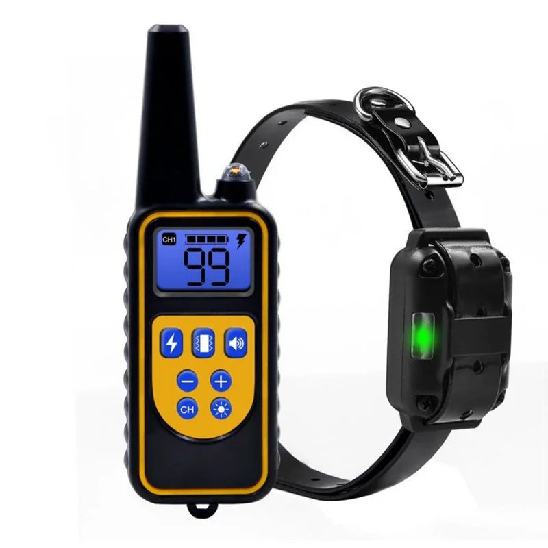 A black rechargeable dog training collar with a yellow display and buttons is shown attached to a black strap.
